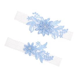 2 Pieces Wedding Garters for Bride, Blue Sexy Lace Leg Garter with Hand Sewn Faux Pearls Thigh Garter Party Prom Garter Set for Anniversary Prom Party Engagement Date