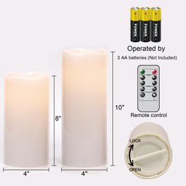 Lasumora Outdoor Indoor Waterproof Flameless Candles Flickering with Remote Timer, White LED Pillar Candles Battery Operated Pack of 2, Long Lasting Electric Candles Lanterns Cream Φ 4" H 8” 10”