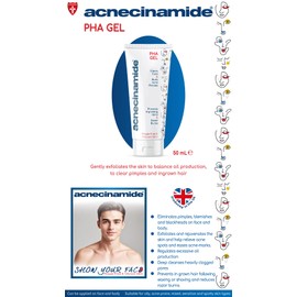 Acnecinamide PHA gel 50 mL, for oily, acne prone, spotty skin, gently exfoliates the skin to clear pimples, blackheads, ingrown hair and helps relieve acne spots on face and body