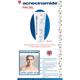 Acnecinamide PHA gel 50 mL, for oily, acne prone, spotty skin, gently exfoliates the skin to clear pimples, blackheads, ingrown hair and helps relieve acne spots on face and body