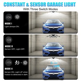 BRAINIAC Motion Sensor Garage Light with 3 Switch Modes, E26/E27 Screw in Garage Lights Ceiling LED Motion Activated for Garage/Shop/Porch-150W 15000LM 6000K