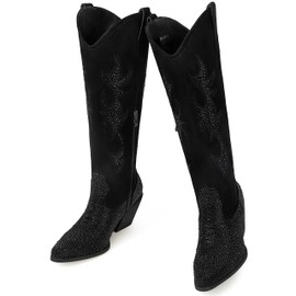 MISSMILLER Women’s Rhinestone Cowboy Boots Wide Calf Western Cowgirl High Knee Boots Pointed Toe Tall Boots for Ladies