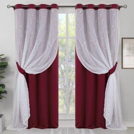 BGment Burgundy Red Blackout Curtains with Sheer Overlay, Grommet Room Darkening Thermal Insulated Tulle Double Layer Silver Printed Window Curtains for Bedroom/Living Room, 2 Panels Each 52 x 84 Inch