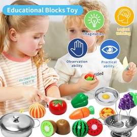 UCAMP Children's Kitchen Accessories, 32 Pieces, Children's Kitchen Play Kitchen Accessories, Food Stainless Steel Cooking Set, Children's Toy, Pots, Doll's Kitchen Accessories, Wooden Kitchen Toy for