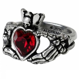 Ro Rox Alchemy England Claddagh by Night Ring Irish Blood Red Heart Skull Crown Gothic, Silver, T
