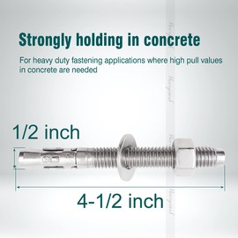 Horiznext 1/2 Concrete Anchors, 1/2 Stainless Steel Wedge Anchors for Concrete, 1/2 Inch OD x 4-1/2 Inch Length, Anchor Bolts for Concrete (4 pcs)