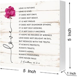 Christian Wood Sign, Bible Verse 1 Corinthians 13:4-8 Sign - Tabletop Scripture Box Sign, Love Verse Home Decor, Wedding Gift, Anniversary Plaque (5x5 Inches)