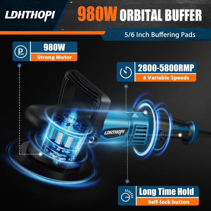 LDHTHOPI Dual Action Polisher, 980W 5/6 Inch, 9MM Random Orbital