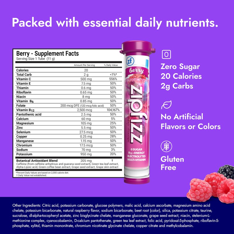 Zipfizz Daily Energy Drink Powder, Berry, 20 Pack | 3-in-1