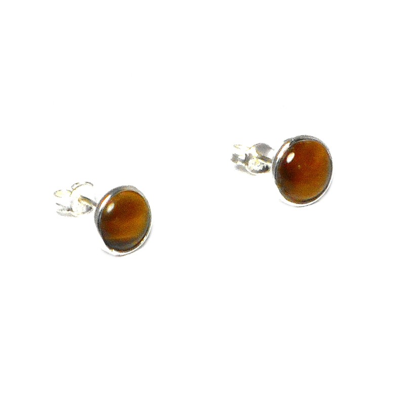 TIGER'S EYE Round Sterling Silver 925 Gemstone Stud Earrings -