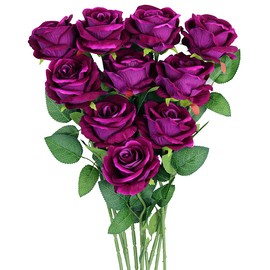 Omygarden Purple Artificial Rose Flower Bouquet, Fake Silk Roses,, Wedding Party Home Office Decoration,10PCS