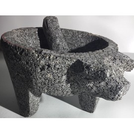 Made in Mexico Genuine Mexican Manual Guacamole Salsa Maker Volcanic Lava Rock Stone Molcajete/Tejolote Mortar and Pestle Herbs Spices Grains Front Pig Head 10"