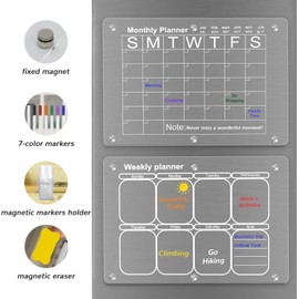 TONOS Clear Acrylic Magnetic Fridge Calendar - 2PC 16" X 12" With 7 Color Markers