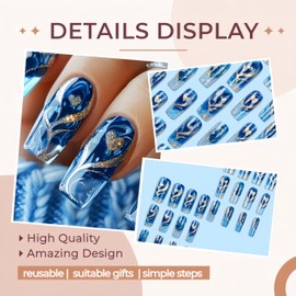 24Pcs Gold Curve Line Press on Nails Medium Square Fake Nails Glossy Blue Gradient False Nails Sea Love Heart Acrylic Nails Sparkly Ombre Line Glue on Fingernails for Coquette Women Holiday Nail Art