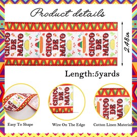 Threetols 2 Rolls 10 Yards Mexican Fiesta Wired Edge Ribbon, 2.5inch Cinco de Mayo Burlap Ribbon, Rainbow Stripe Serape Maracas Gift Wrapping Ribbon for Mexican Party DIY Craft Wreaths Bow Decoration
