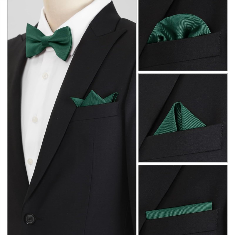 Scinzene Men's Green Bow Tie with Pocket Square Set -