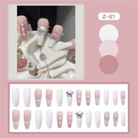 AHUADA 24 Pcs Long Coffin Press on Nails - Fake Nails Almond Glue on Nails, False Nails with Glue, Acrylic Nails for Women and Girls (Z-81)