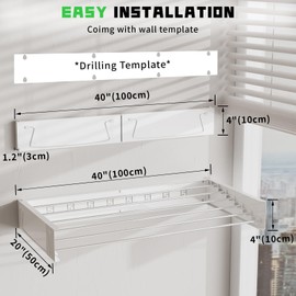 Wall Mounted Drying Rack, 40" Stainless Steel Foldable Laundry Clothes Drying Rack, Collapsible Drying Rack Clothing Wall Mount with 2 Towel Handles for Indoor Outdoor Hanging Clothes, 6 Rods