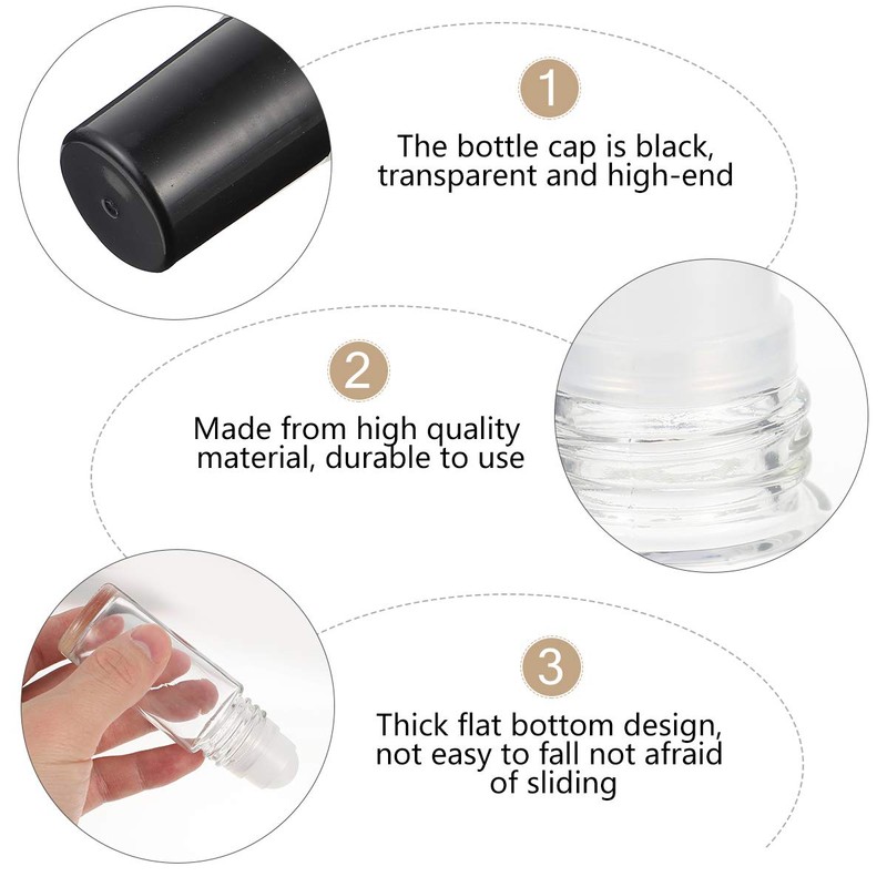 JJLFresheners 2Pcs Black Clear Empty Glass, Essential Oil Roller Bottles