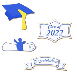 Graduation Cookie Cutter 4 Pc Set HS0436 Includes: 4.5 in Graduation Cap, 4 in Diploma, 3.5 in Sparkle Plaque, 5 in Banner - Foose Cookie Cutters - US Tin Plated Steel