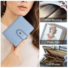 Contact's Womens Kiss Lock Wallet Leather Kiss Clasp Coin Purse Small Crad Holder Bifold RFID Wallet for Women (Blue)