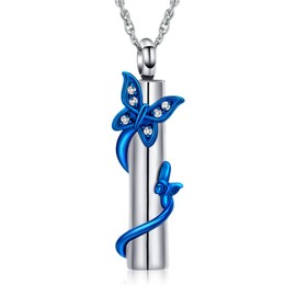 QGJNSGC Urn Necklace for Ashes Butterfly Cylinder Urn Ashes Necklace for Women/Men Cremation Butterfly Jewelry of Loved Ones Keepsake Memorial Vial Pendant Necklace (Silver-blue)