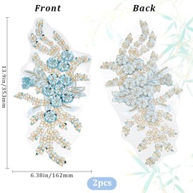 CABODYALS 2Pcs 3D Floral Sequin Applique Embroidery Lace Flower Tulle Patches Polyester Sky Blue Beaded Embroidered Sew on Appliques for Sewing Making Wedding Cloth Gown Embellishment Supplies