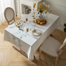 Lifetooler Table Cloths Rectangle Cotton Linen Tassel Tablecloth Waterproof Wrinkle Free Table Cover for Kitchen Dinning Tabletop Decoration(White,55 x 71 Inch)