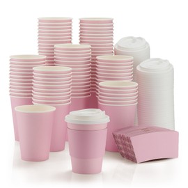 Disposable Coffee Cups with Lids and Sleeves, Hot and Cold Beverage Water Paper Cup for Home Restaurant Wedding Travel Party Supplie (100, 12oz)
