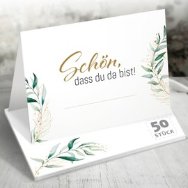 Funke & Brand Floral Green with Gold Accent Place Cards - Pack of 50 - Schön, DASS du da bist! Perfect for Weddings and Special Occasions