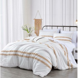 Chezmoi Collection 7-Piece Boho Clip Jacquard Bed in a Bag Set Full Size, Taupe Multi-Color Striped Soft Textured Lightweight Comforter Bedding for All Season with Bed Sheets Set