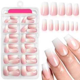 AddFavor 120pcs Ombre Press on Nails Medium Coffin - Pink White Gradient Fake Nails Press ons Coffin Stick on Nails for Women