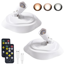 HOFUY Wireless LED Spotlight Indoor with Remoter, 2 Pack Battery Powered Picture Lights, Rechargeable Spot Lights with 3 Colors Mode, Dimmable Timer Art Lights Accent Puck Light for Plant Wall