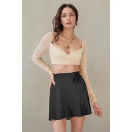 Women's Satin Silk Wrap Short Skirt High Waist Soft Silky Skater Mini Skirts, Black, Medium