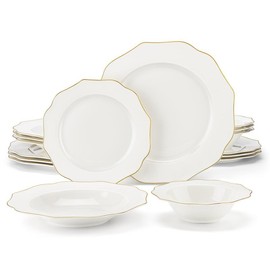 MALACASA Cream-White Plates and Bowls Sets with Gold Rim, Bone China Dinnerware Set with Plates and Bowls, Series LOTUS - Pieces: 16 PCS