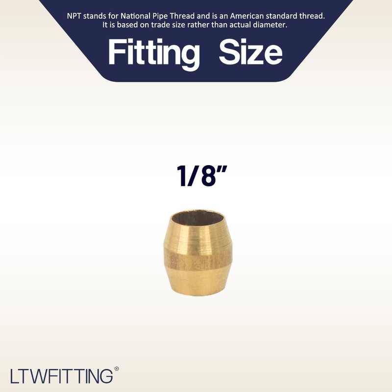 LTWFITTING 1/8-Inch Brass Compression Sleeves Ferrels,Brass Compression Fitting(Pack of 50)