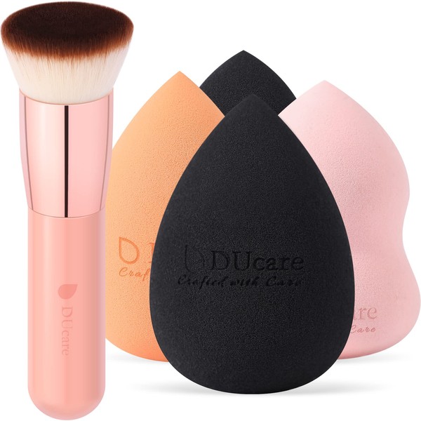 DUcare Makeup Brush, High Quality Foundation Brush, Makeup Sponge, Puff 4 Pack, Makeup Tool Set, Easy to Draw, Pink