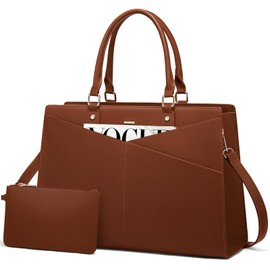 LOVEVOOK Laptop Tote Bag for Women, Leather Business Office Work Bag Computer Briefcase with Small Clutch fit for 15.6 Inch Laptop Brown