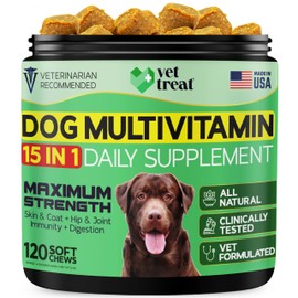 Dog Multivitamin Chewable with Glucosamine & Salmon Oil – Made in USA – Puppy & Senior Supplement – 120 Chews – Daily Wellness Support for Joints, Immune System, Skin & Coat, Heart & Digestion