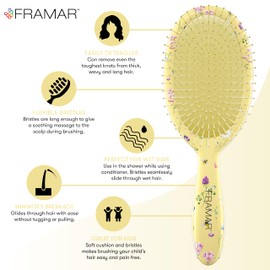 Framar No More Tangles Hairbrush - Detangle Hair Brush for Women, Men & Children, Detangler Hair Brush, Wet Detangle Hair Brush For Curly Hair - Floral Yellow