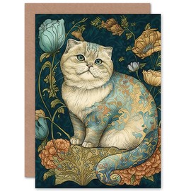 Artery8 William Morris Inspired Cute Cat with Floral Pattern Fur and Flowers Colourful Modern Illustration Art Birthday Sealed Greeting Card Plus Envelope Blank inside