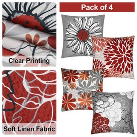 18x18 Decorative Pillow Covers HADEEONG Set of 4 Red and Grey Throw Pillow Covers Modern Daisy Farmhouse Cushion Covers for Couch Sofa Bed Outdoor Decoration(Red,18x18in)