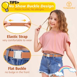 TRIWORKS Kids Elastic Adjustable Belts for Girls Easy Buckle Flat Buckle Stretchy Belt for Kids Boys Girls