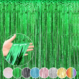 Metallic Tinsel Foil Fringe Curtains, Photo Booth Backdrop Hanging Door Streamers for Birthday Party Decorations (3.2Ft x 6.56Ft) (1, Green)