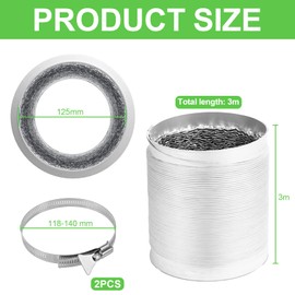 ZIGefofo Exhaust Hose White 125 mm Length 3 m Aluminium Flexible PVC Aluminium Pipe Hose with 2 Hose Clips Stainless Steel for Air Conditioners Tumble Dryer Extractor Hood Mobile Air Conditioning