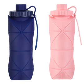 YCT Collapsible Silicone Travel Water Bottle 20oz (600ml), Reuseable Leakproof BPA Free Foldable Sports Bottle, with Carrying Strap, Dark Blue + Pink