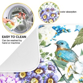 Floral Birds Dish Drying Mat for Kitchen Spring Globe Daisy Butterfly Flowers Microfiber Drying Mats Absorbent Reversible Dish Pad Medium Dish Draining Mat 16x18 inch