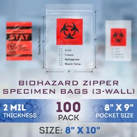 APQ Pack of 100 Biohazard 3 Wall Specimen Bags 8 x 10. Zip Locking Biohazard Lab Bags 8x10. Attached Document Pouch, 2 mil Thick. Tear Area. Printed Transport Bags for Packaging specimens