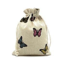 5 pcs Printed Cotton Burlap Favor Gift Bags, Linen Jewelry Pouches with Drawstring for Gifts Jewelry and Storage (Butterfly)
