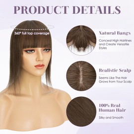 Charites Hair Toppers for Women Real Human Hair 10 Inch Long Straight Toppers for Women with Thinning 7 * 13CM Silk Base Clip in Hairpieces with Bangs (Chocolate Brown)